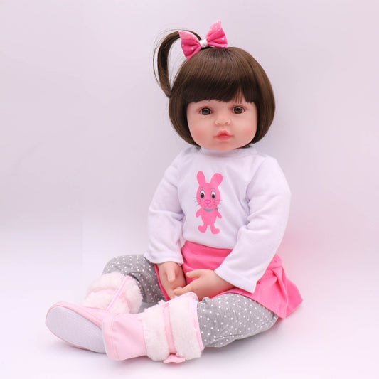 Adorable 19 Soft Vinyl Reborn Baby Doll with Glued Hairwig and Pink Rabbit Outfit, Halloween/Thanksgiving Day/Christmas Gift Carnival Easter Gift