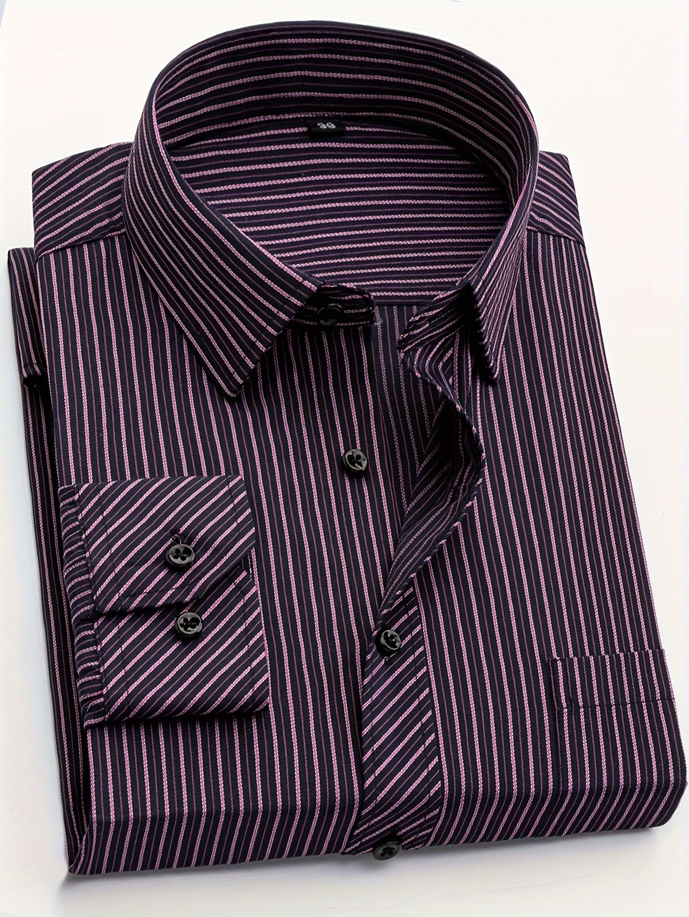 Men's Classic Striped Long Sleeve Shirt - Casual & Business Style, Polyester, Non-Stretch Fabric, Button Detail