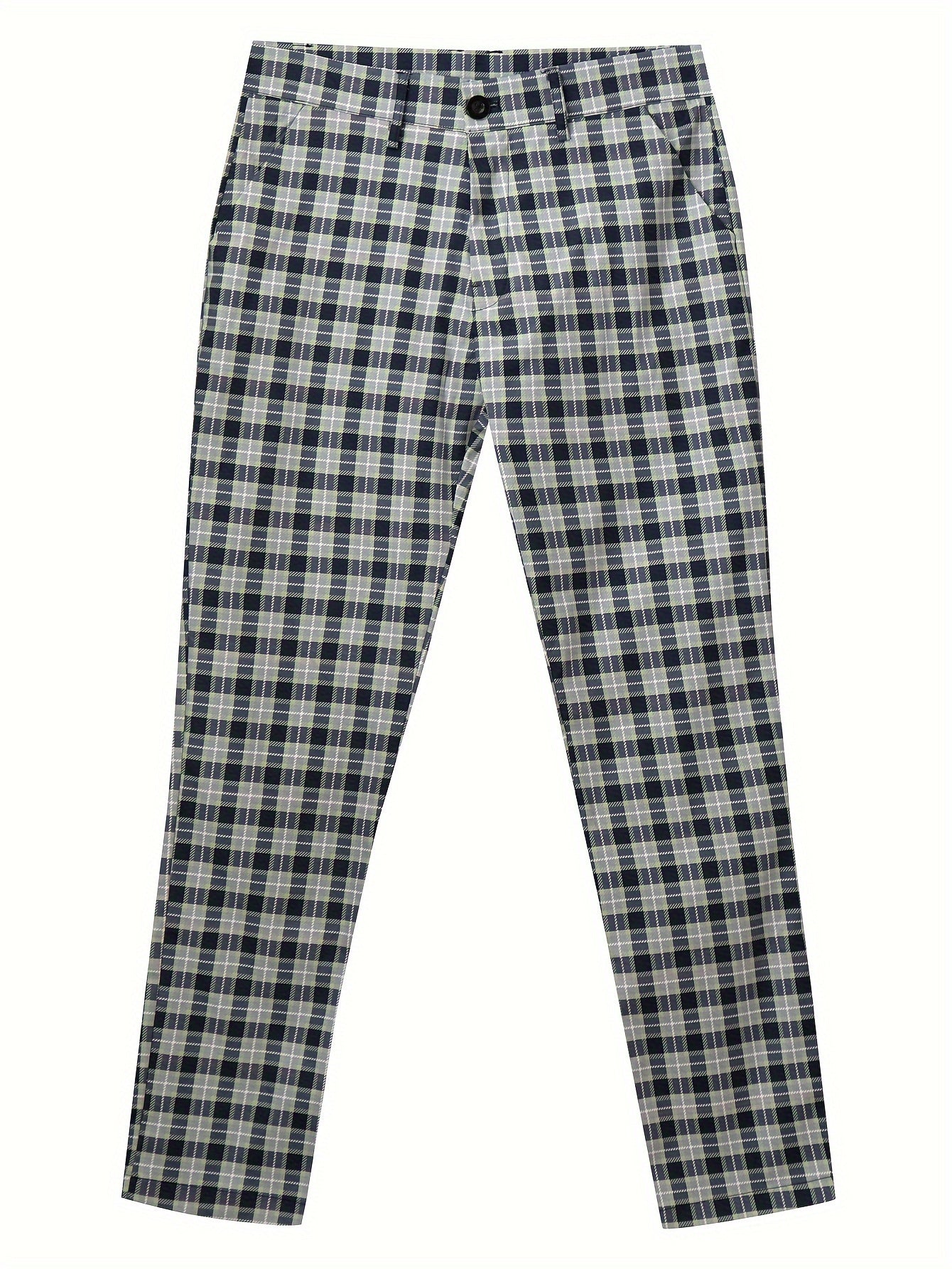 Men's Casual Plaid Print Dress Pants, Slim Fit Fashion Style Trousers, Business Casual Office Wear