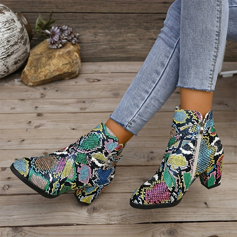 Women's Snakeskin Pattern Chunky Heel Boots, Fashion Side Zipper Short Boots, Comfortable Ankle Boots