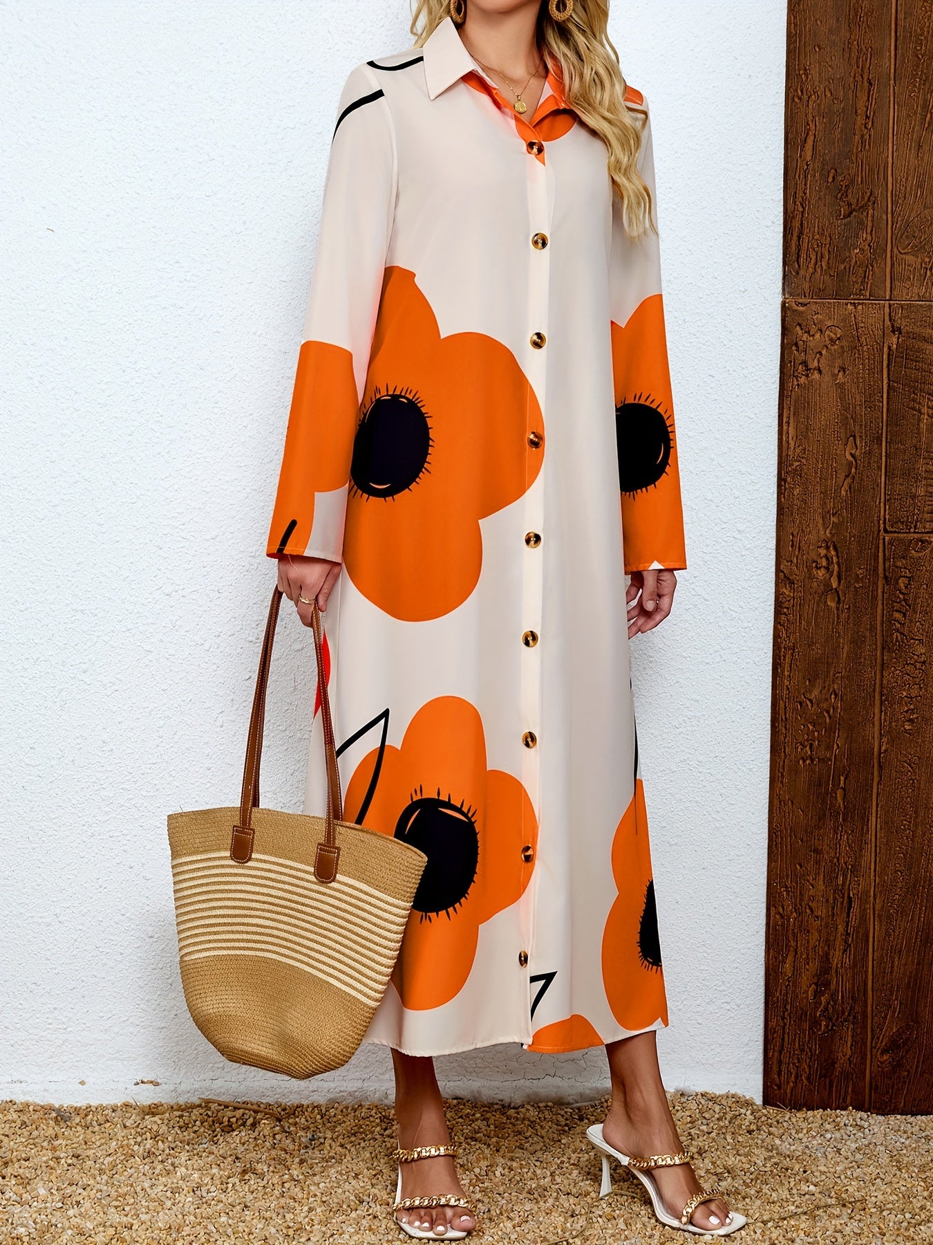 Floral Print Button Front Dress, Elegant Long Sleeve Loose Fit Maxi Dress, Women's Clothing