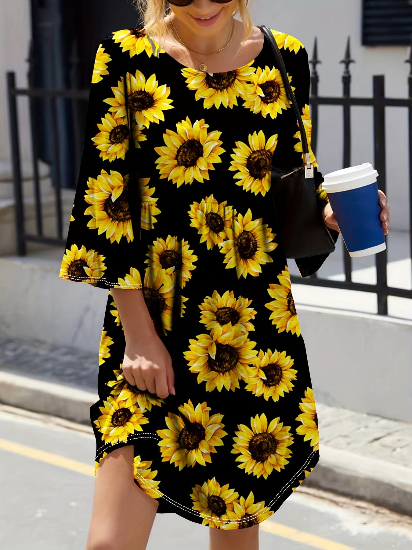 Plus Size Sunflower Print Loose Dress, Casual 3/4 Flare Sleeve Dress For Spring & Summer, Women's Plus Size Clothing