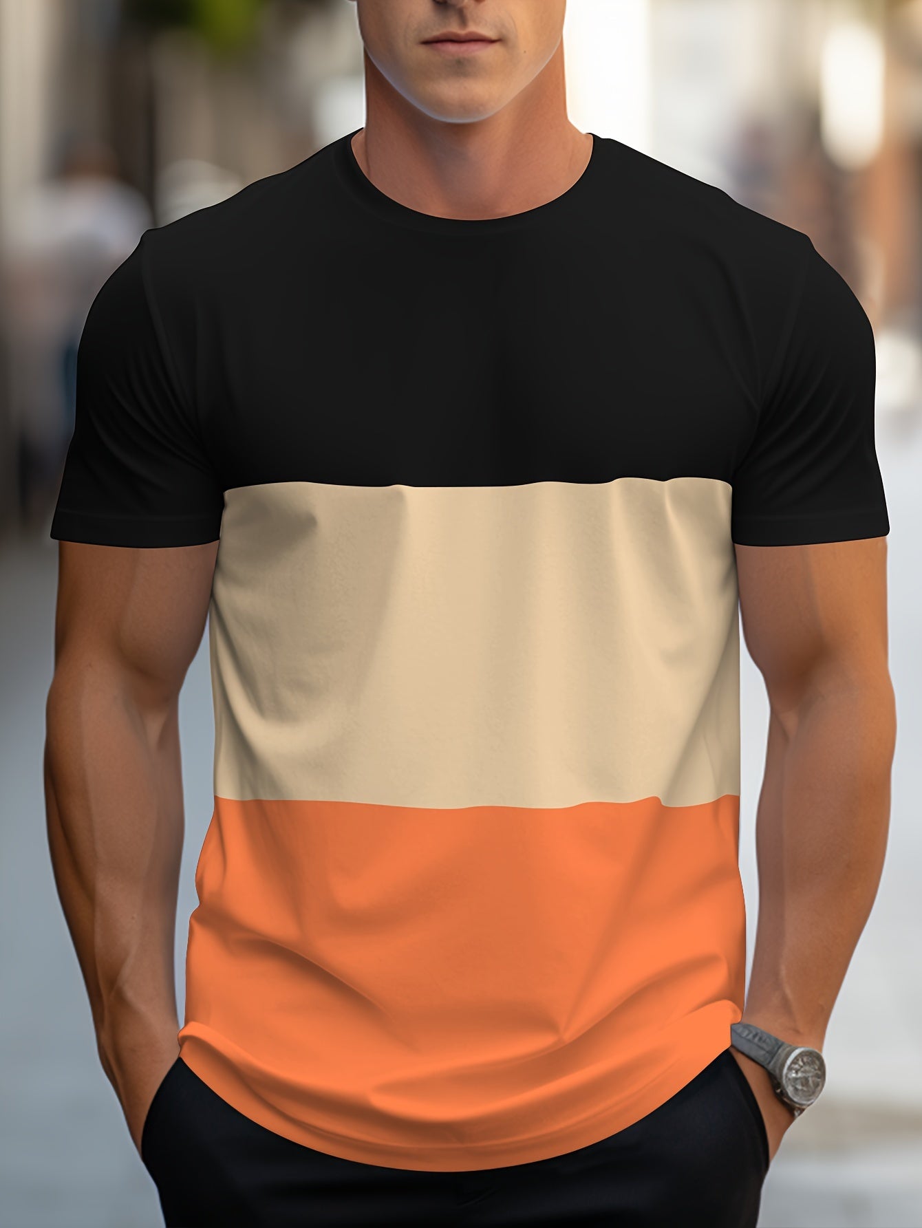 Men's Contrast Color Stripe Pattern Print T-shirt With Crew Neck And Short Sleeve, Casual And Comfy For Summer Leisurewear