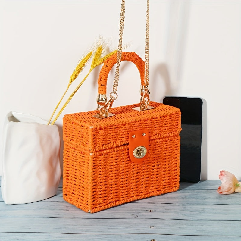 Straw Woven Box Handbags, Boho Style Crossbody Bag, Women's Mini Square Purse For Holiday Beach