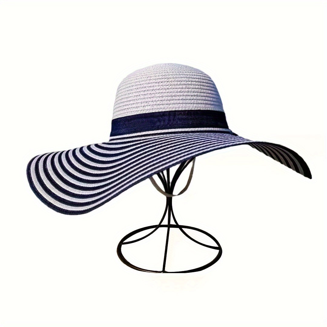 Classic Striped Bowknot Straw Hat Blue & White Wide Brim Hats Elegant Foldable Floppy Sun Hats Outdoor UV Protection Beach Hats For Women