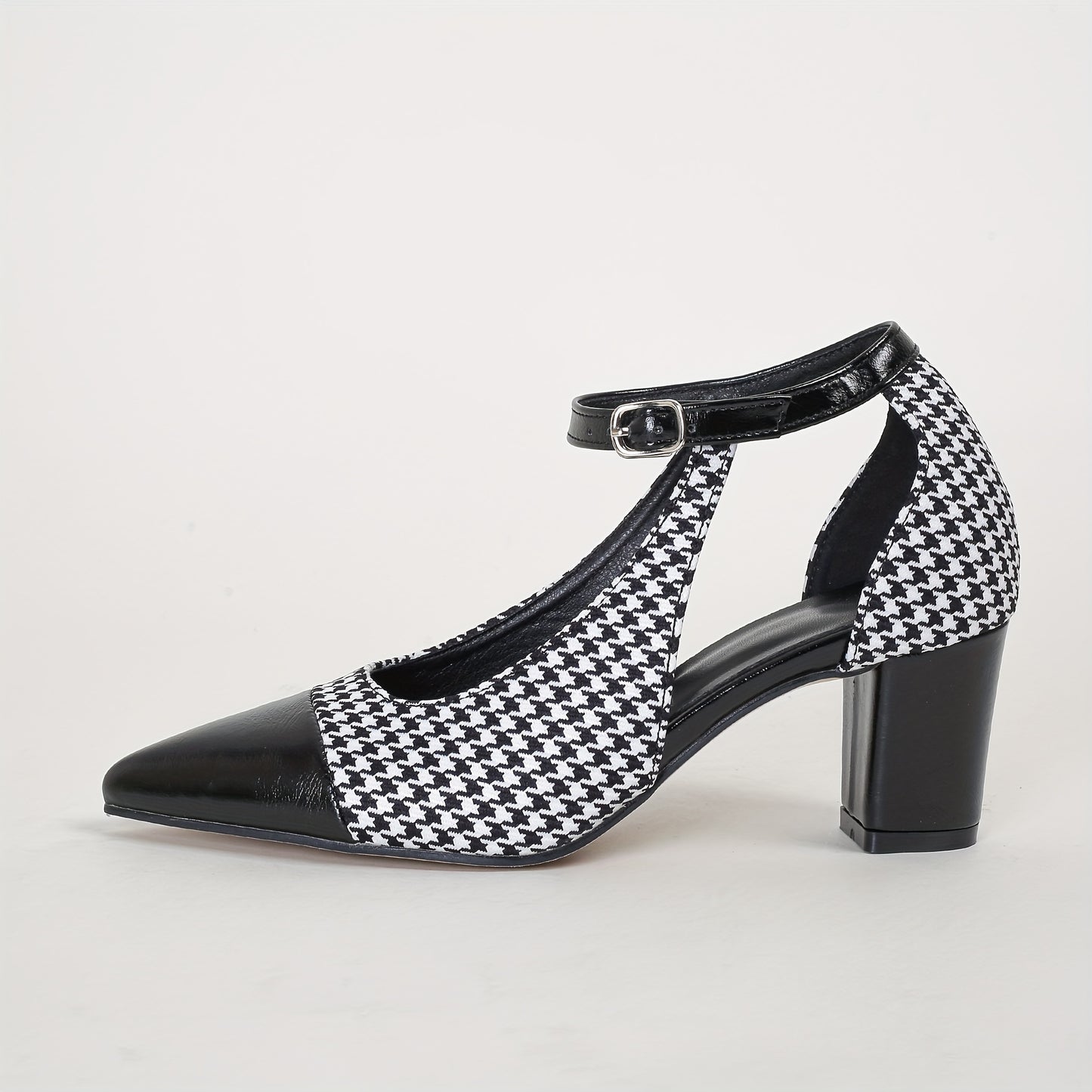 Women's Houndstooth Pattern Shoes, Ankle Buckle Strap Chunky Heel Soft Sole Shoes, Elegant Point Toe Dress Shoes