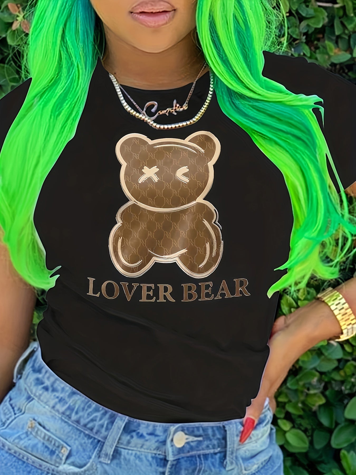 Lover Bear Print T-Shirt, Short Sleeve Crew Neck Casual Top For Summer & Spring, Women's Clothing