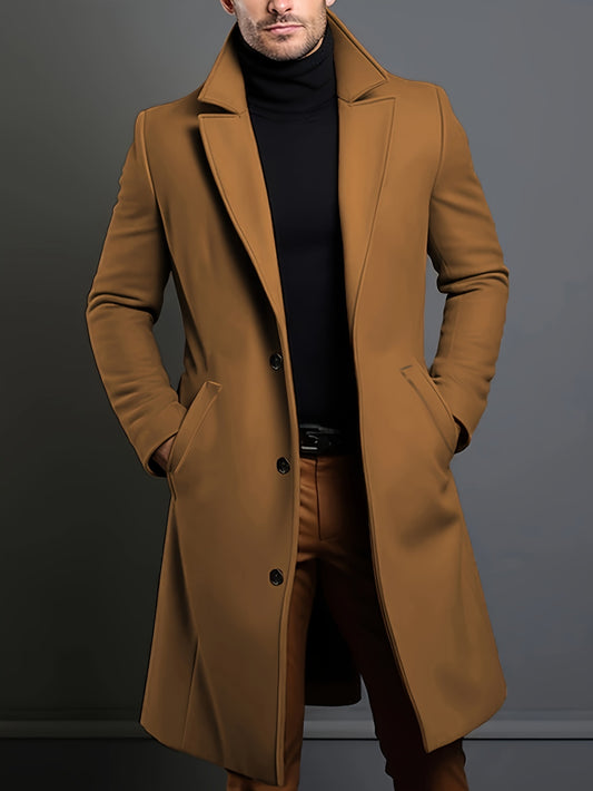 Men's Casual Wool Blend Long Sleeve Overcoat, Classic Solid Color, Tailored Fit, Notched Lapel, Button-Placket, Suitable For Daily Wear, Business, And Autumn/Winter Seasons