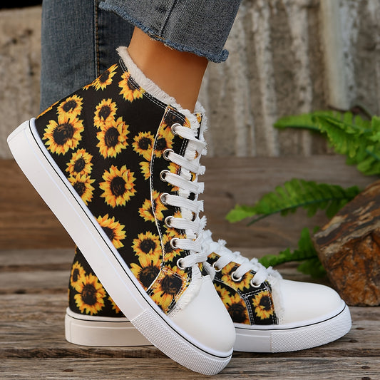 Women's Sunflower Print Sneakers, Casual Lace Up Outdoor Shoes, Comfortable High Top Canvas Shoes