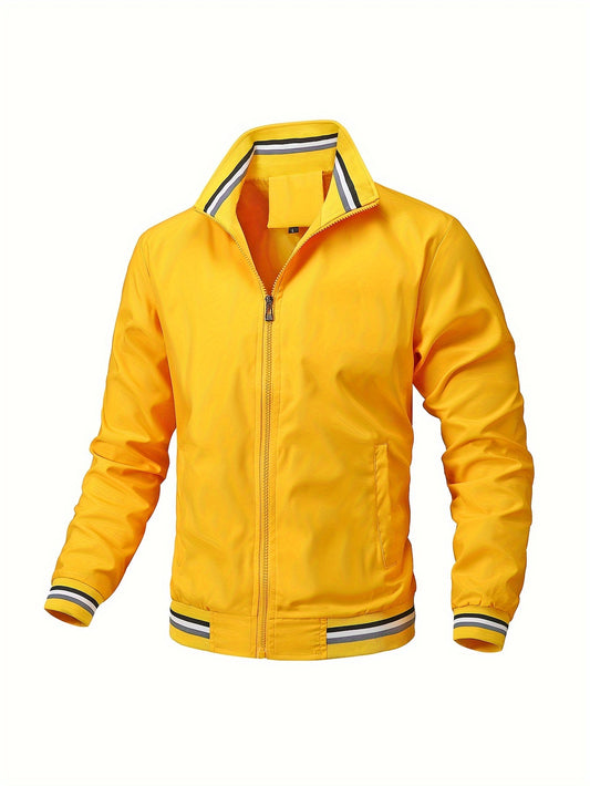 Stripe Edge Bomber Jacket, Men's Casual Stand Collar Zip Up Jacket For Running Outdoor