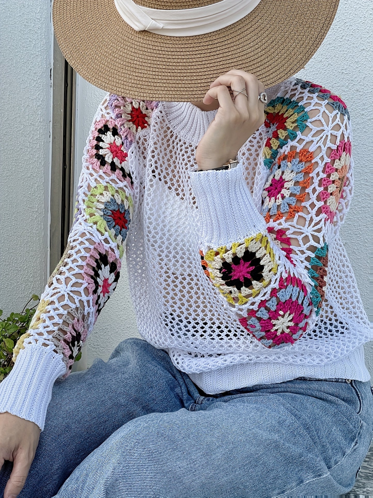 Floral Pattern Crew Neck Sweater, Vacation Style Eyelet Long Sleeve Sweater For Spring ＆ Fall, Women's Clothing