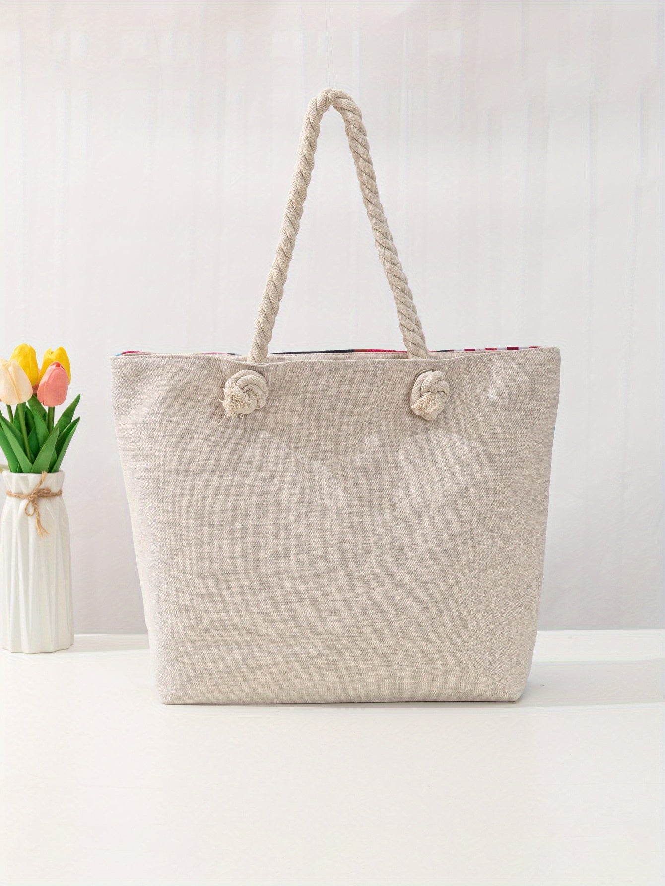 Beach-Ready: Stylish Oversized Canvas Shoulder Bag With Double Handle for Seaside Vacations