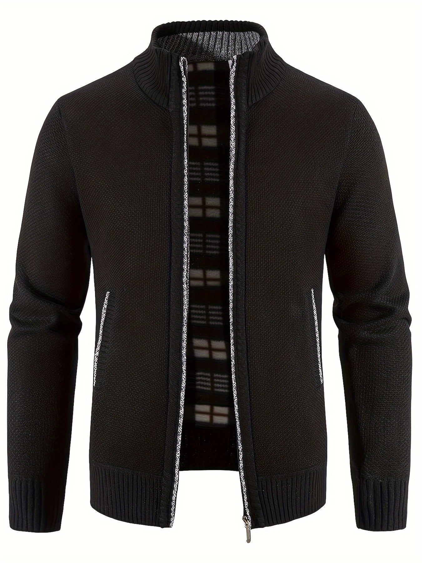 Warm Stand Collar Jacket, Men's Casual Comfortable Zip Up Zipper Pockets Knitted Cardigan For Fall Winter