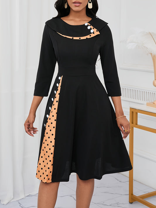 Polka-dot Print Splicing Dress, Elegant Button Decor Ruffle Hem Aline Dress For Spring & Fall, Women's Clothing