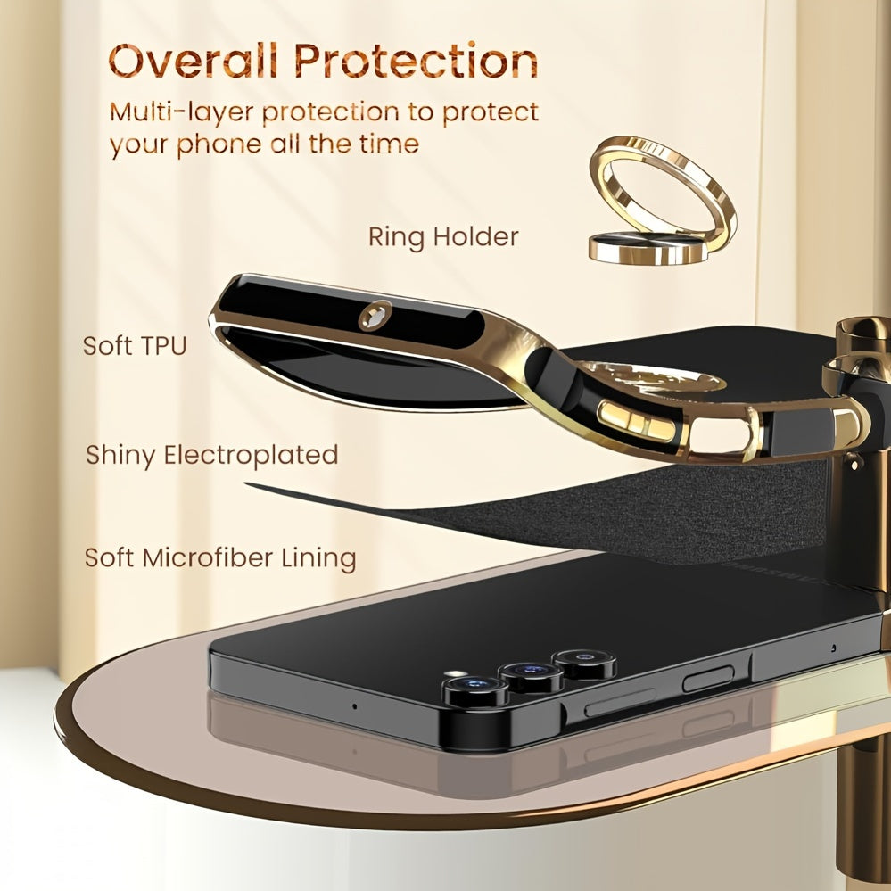 Case For SamSung For Galaxy A15 5G with Tempered Glass Screen Protector [1 Piece], 360° Rotatable Ring Holder, Magnetic Kickstand, and Plating Rose Golden Edge