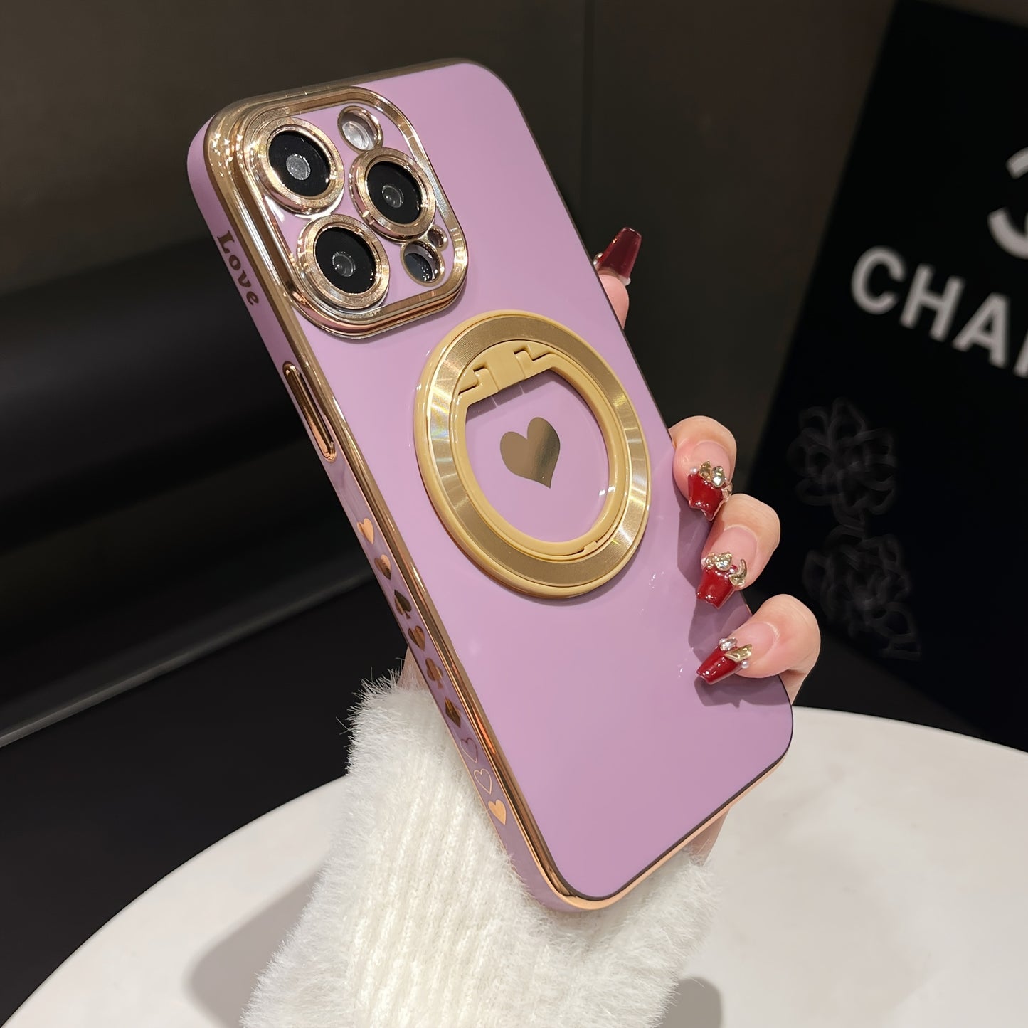 Electroplated Heart-shaped Solid Color Stand For Phone Case Suitable For IPhone 15Promax/15/15Pro/15plus/14Promax/14Pro/14/14plus/13Promax/13Pro/13/12Promax/12Pro/12 Protective Case