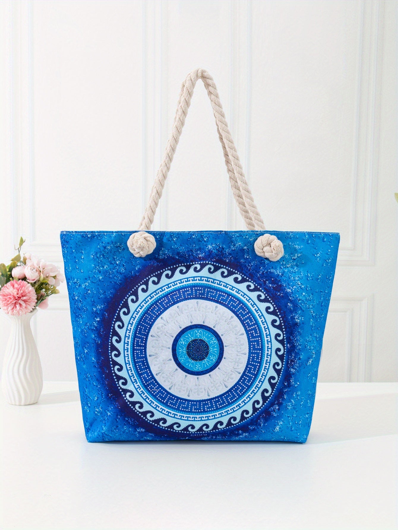 Large Capacity Ethnic Style Beach Bag with Evil Eye Graphic - Perfect for Halloween Festivals and Vacation Getaways