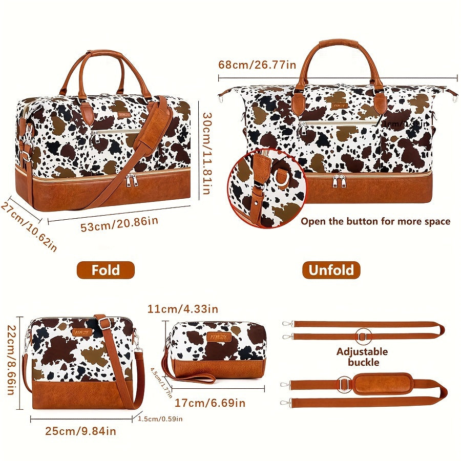 Elegant 3pcs Cow Pattern Travel Set for Women - Large Weekender Duffel with Shoe Compartment, Carry-On Overnight Bag & Clutch Purse