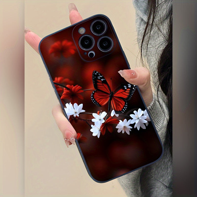 Red Butterfly Black Frosted TPU Protective Lens Protection Full-coverage Protective Phone Case Suitable For Apple 15/14/13/14/11/7/8