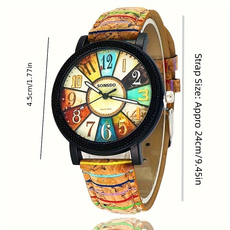 Women's Watch Retro Wood Grain Quartz Watch Color Block Fashion Analog PU Leather Wrist Watch