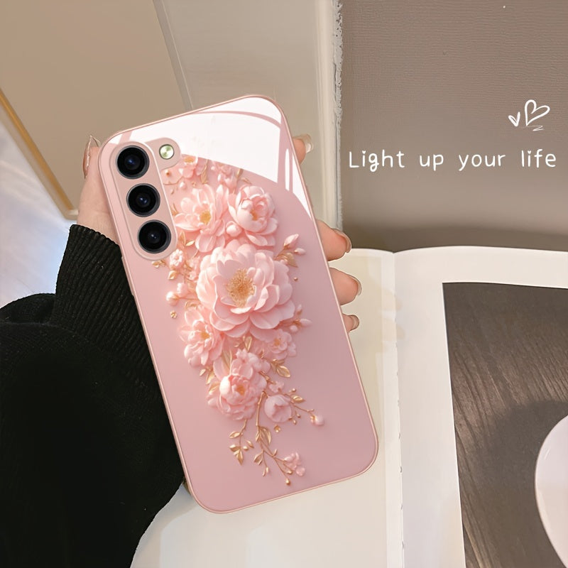 Pink Flower Glass Phone Case For SamSung For Galaxy Series - Compatible with s24/s24 plus/s24 ultra, s23/s23 plus/s23 ultra, s22/s22 plus/s22 ultra, s21/s21 plus/s21 ultra/s21 fe, s20/s20 plus/s20 ultra, A 03/a 04/a 13/a 14/a