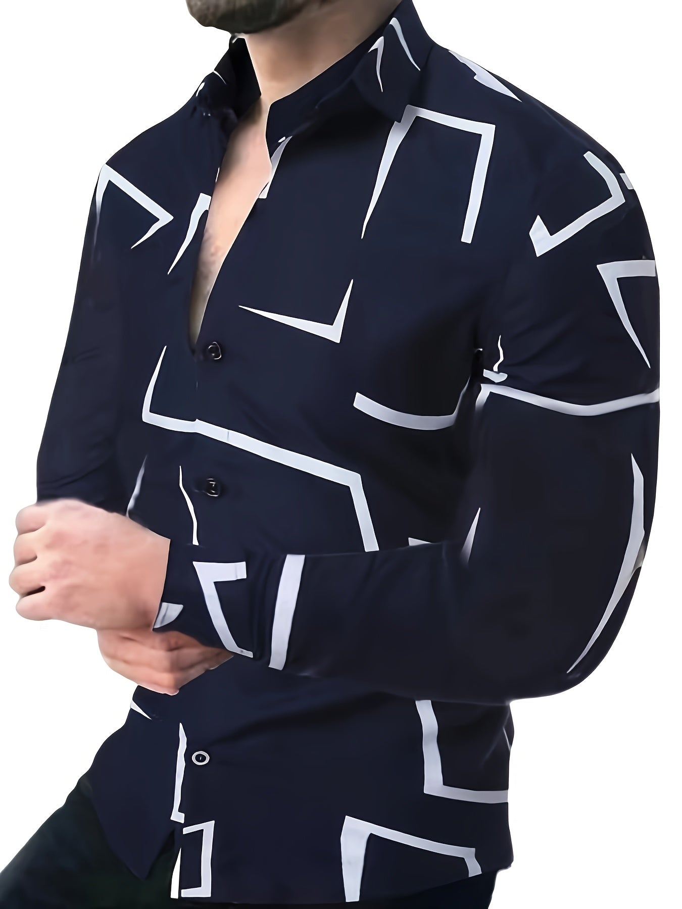 Geometric Print Men's Summer Fashionable And Simple Long Sleeve Button Casual Lapel Shirt, Trendy And Versatile, Suitable For Dates, Beach Holiday, As Gifts