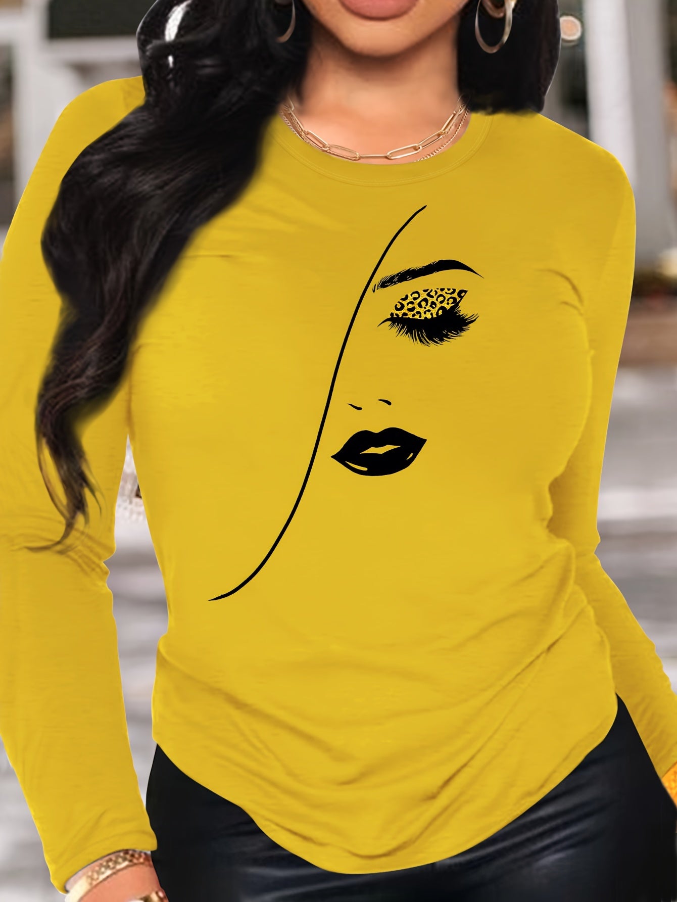 Face Print T-shirt, Long Sleeve Crew Neck Casual Top For Winter & Fall, Women's Clothing