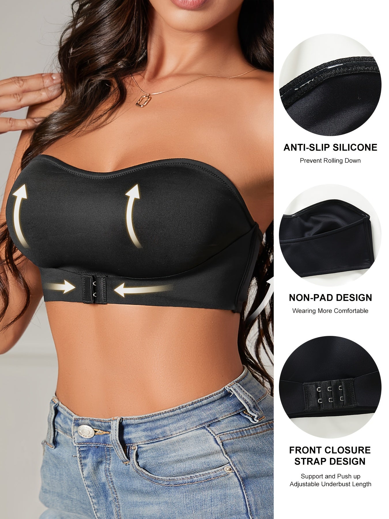 Front Buckle Strapless Bra, Wireless Non Padded Bandeau Bra, Women's Lingerie & Underwear