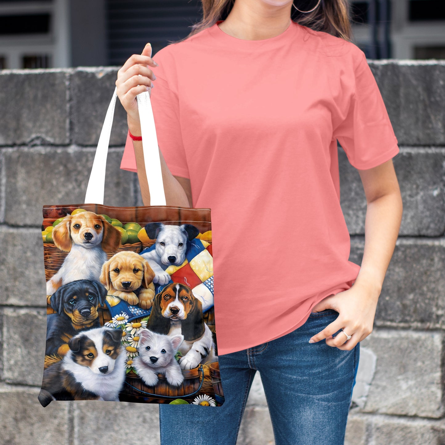 Cute Puppies Pattern Tote Bag, Large Capacity Reusable Grocery Shopping Bag, Canvas Bag, For Daily Commute, Travel, Shopping, For Dog Owners