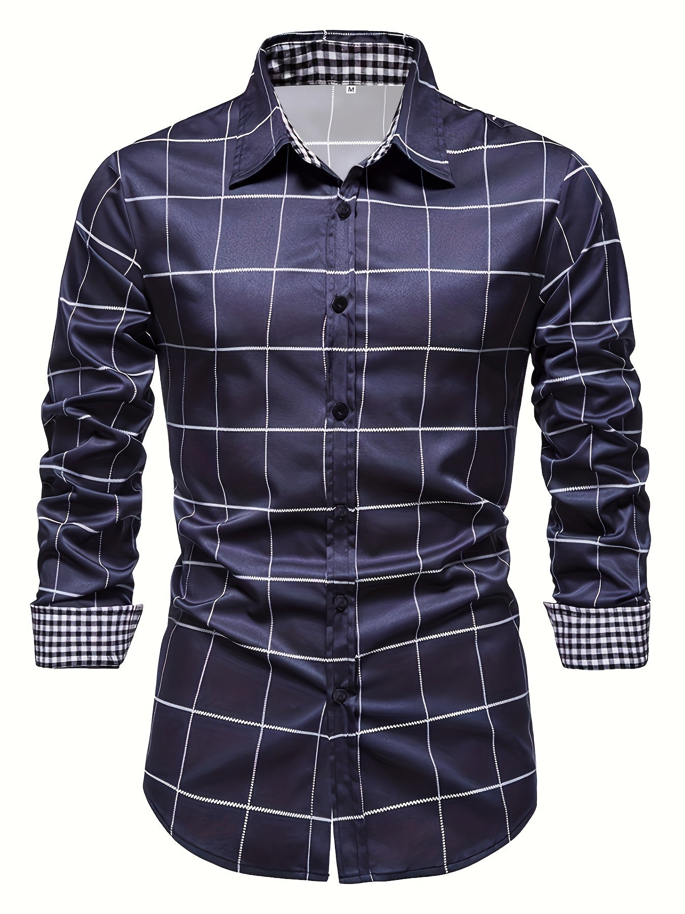 Men's Plaid Lapel Collar Design Dress Shirts, Long Sleeve Casual Button Up Shirt For Formal Occasions