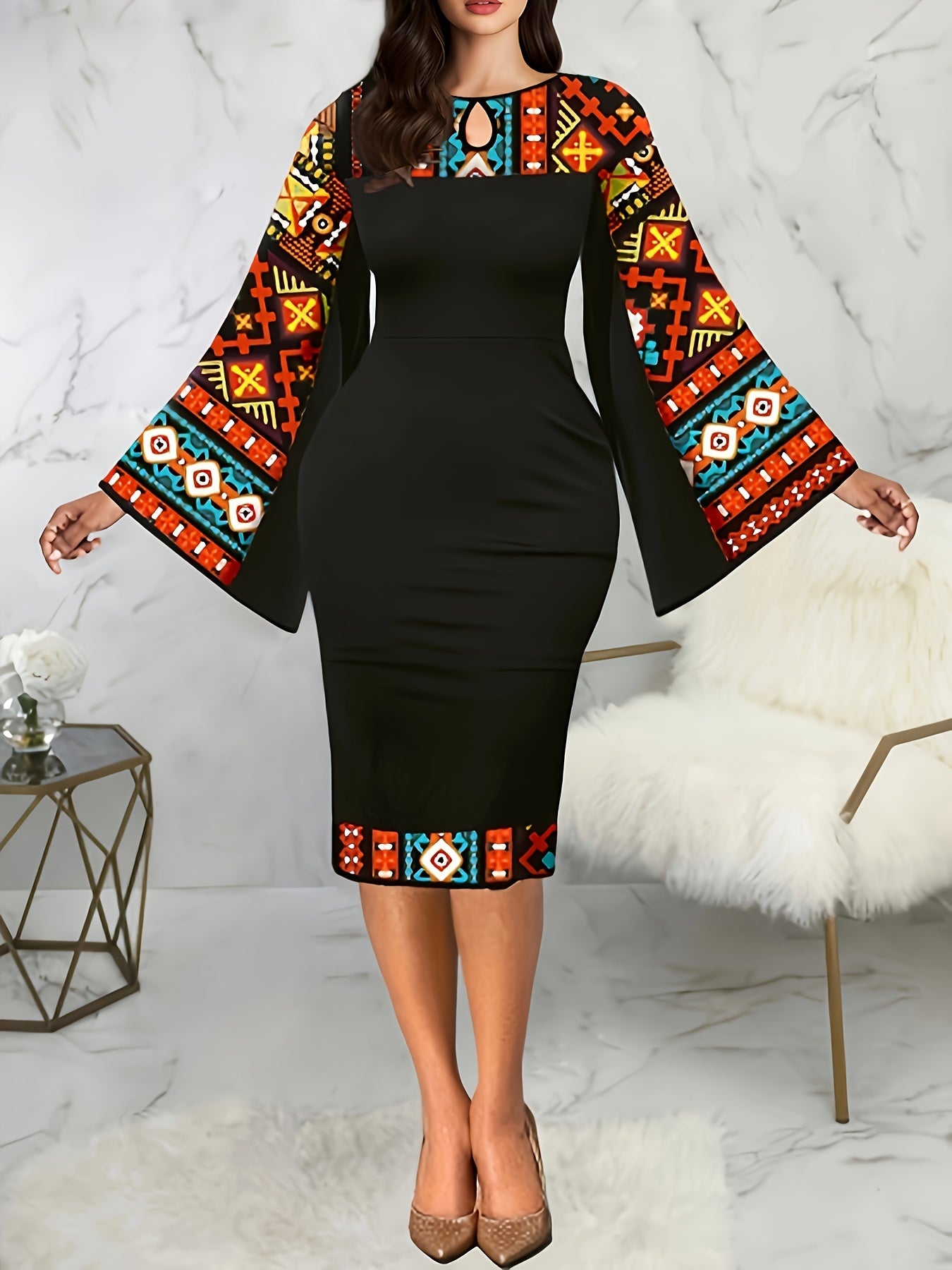 Ethnic Geo Print Color Block Dress, Elegant Flare Sleeve Bodycon Split Back Dress For Spring & Fall, Women's Clothing