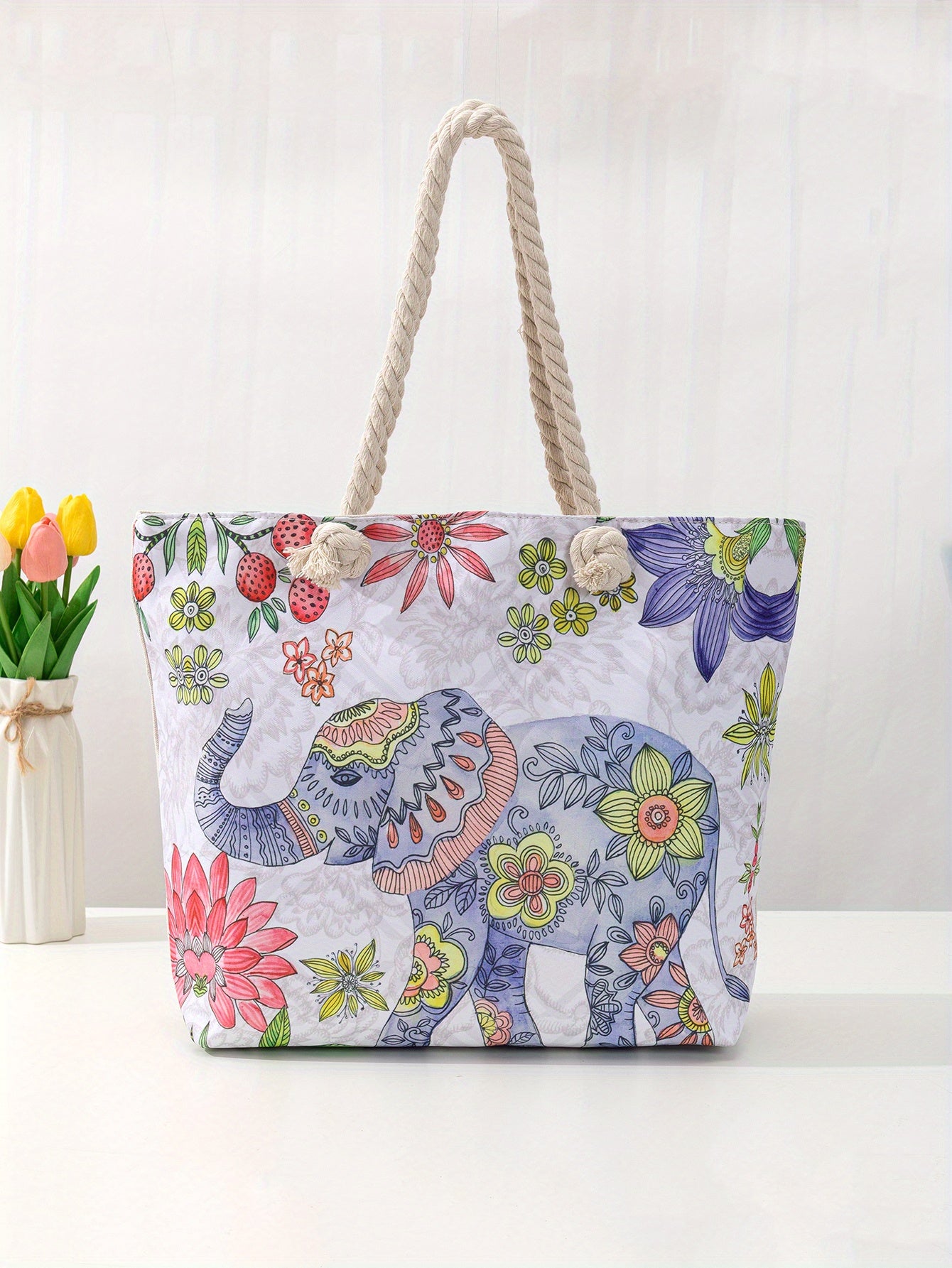 Ethnic Style Large Capacity Canvas Tote Bag with Flower & Elephant Print - Perfect for Everyday Use!