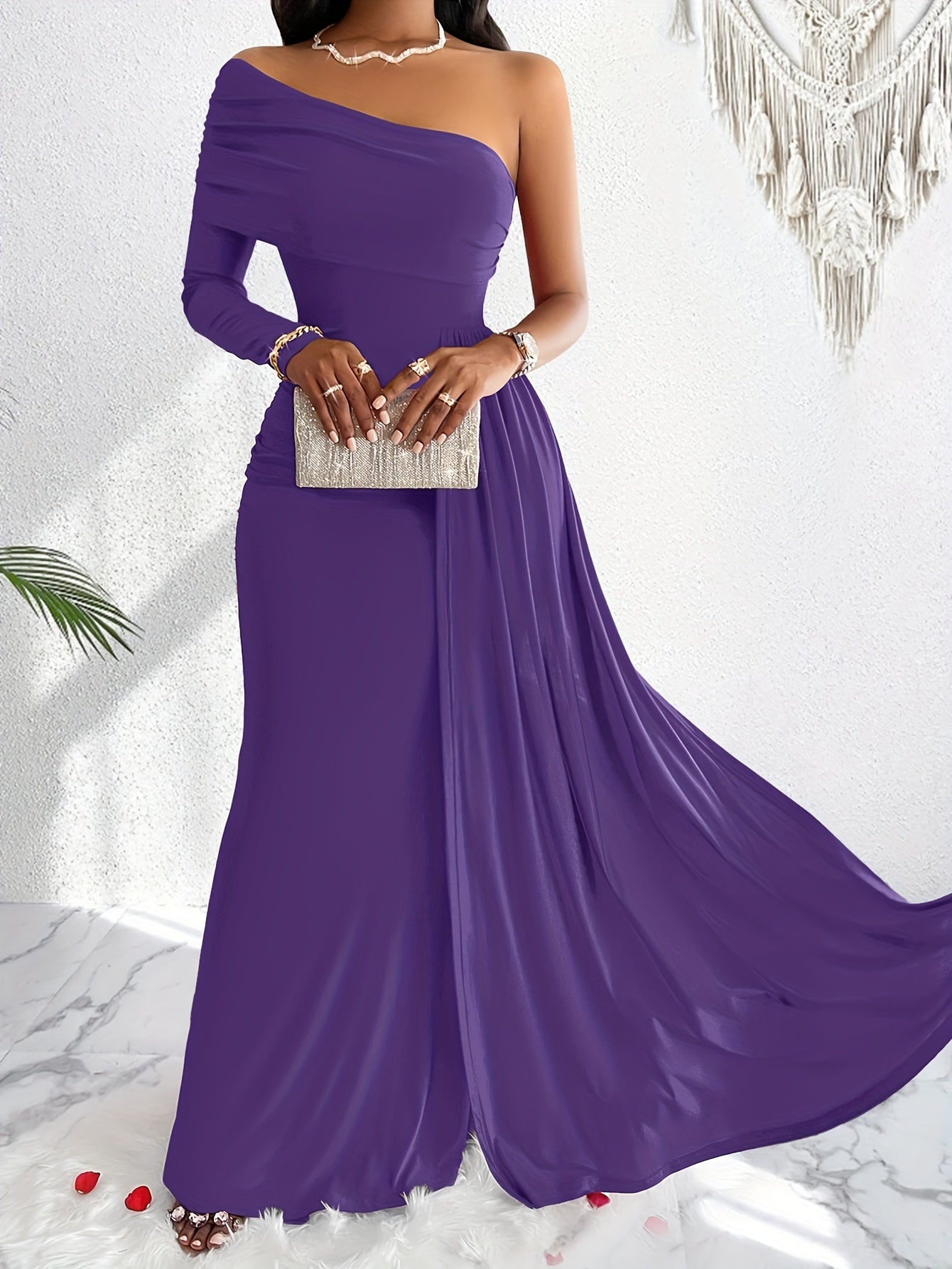 One Shoulder Asymmetrical Flowy Dress, Elegant Ruched Maxi Dress For Party & Banquet, Women's Clothing