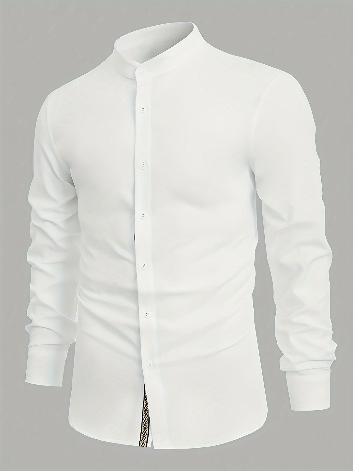 Men's Solid Color Cotton Blend Long Sleeve Lapel Stand Collar For Spring And Fall, Casual Comfy Trendy Shirt As Gift