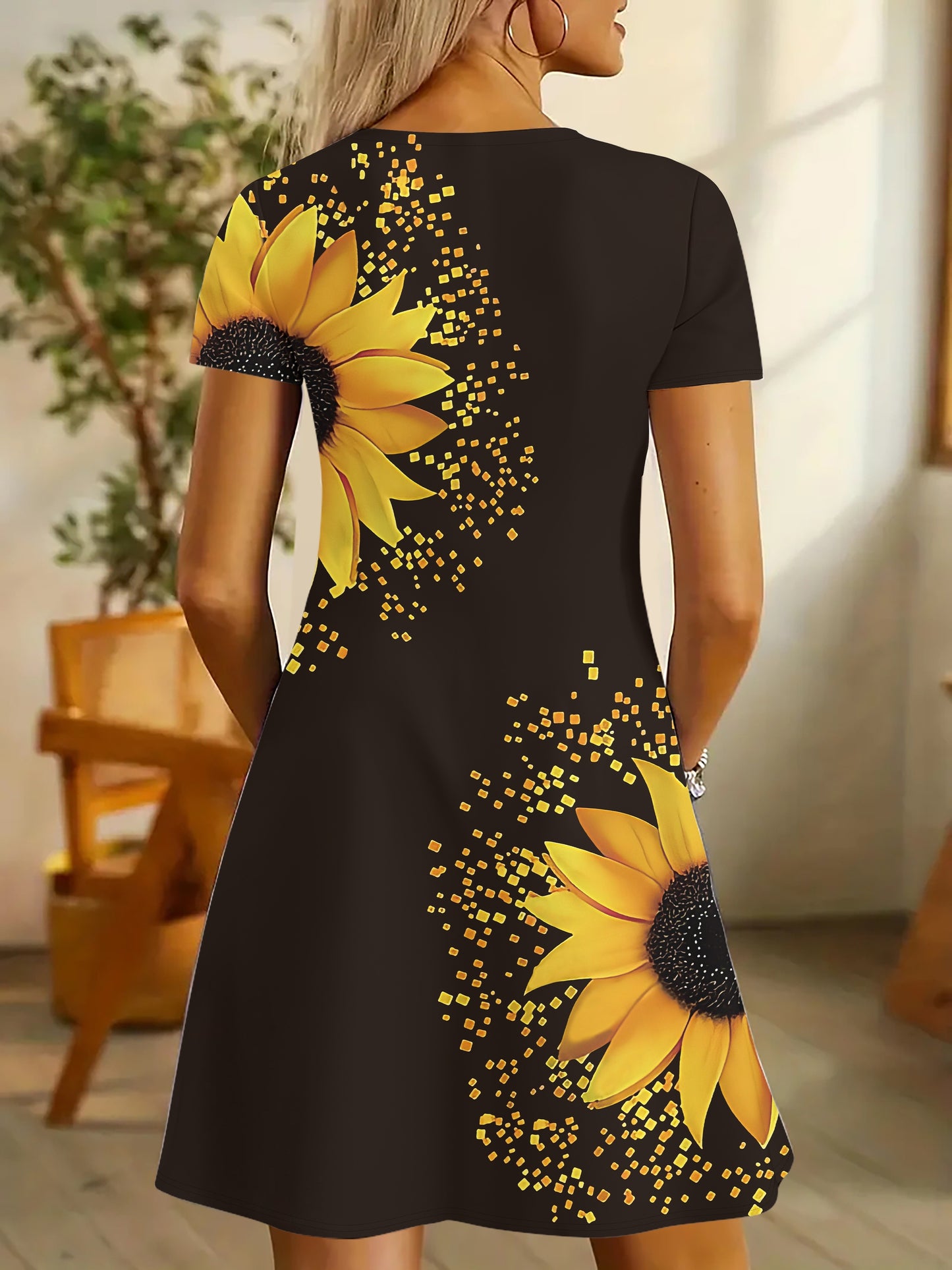 Sunflower Print Slim Dress, Casual Short Sleeve V-neck Dress For Summer & Spring, Women's Clothing