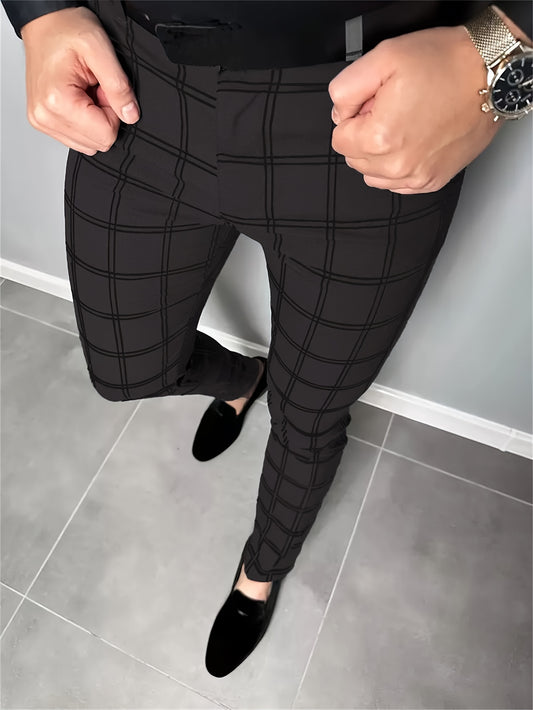 Men's Plaid Formal Dress Pants With Pockets, Slim Fit Trousers For Outdoor Activities, Daily Wear For Spring And Autumn