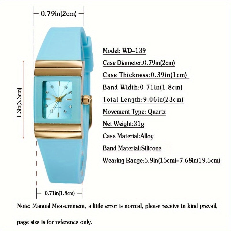 Women's Casual Square Pointer Quartz Watch Rhinestone Fashion Analog Silicone Band Wrist Watch