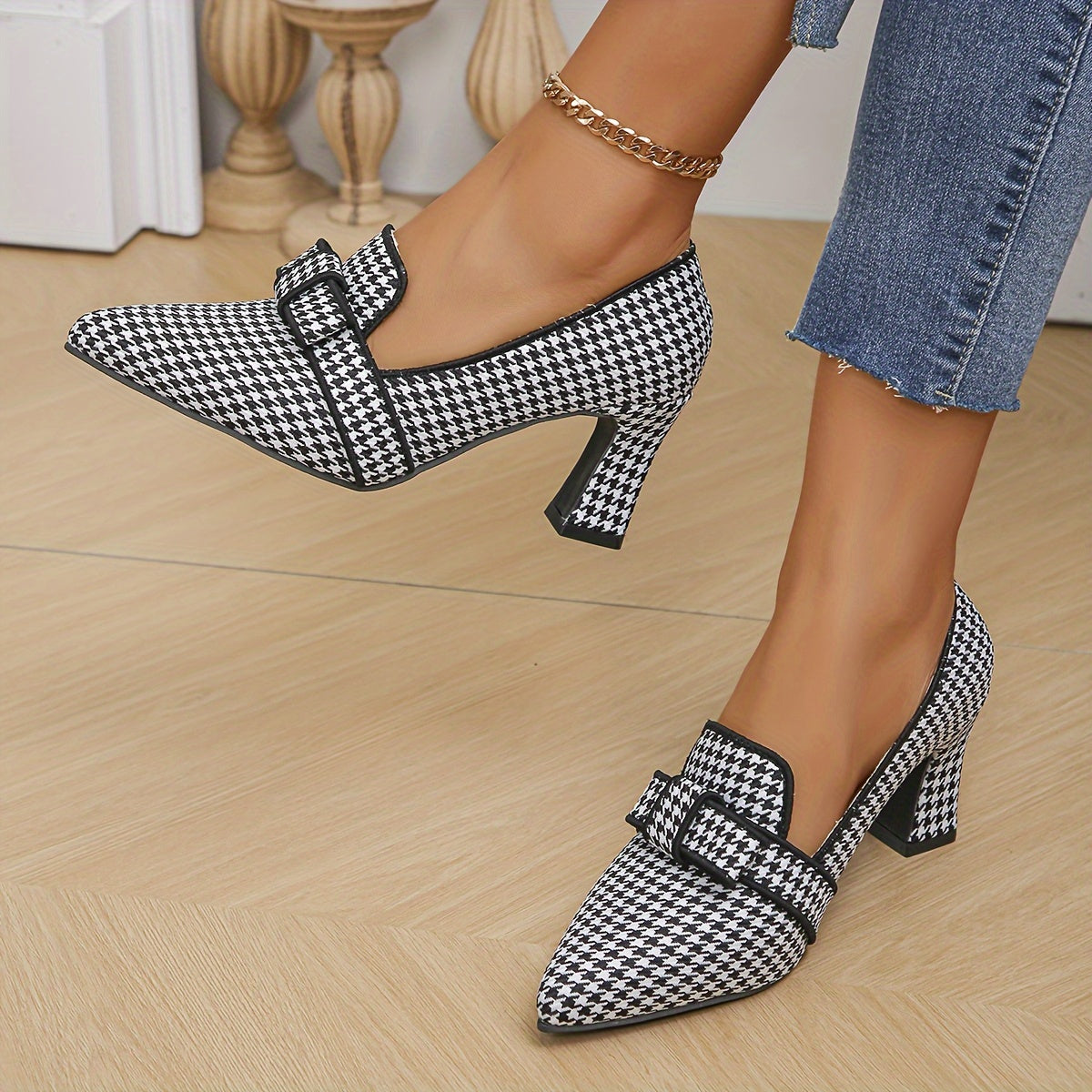 Women's Houndstooth Pattern Pumps, Bow Pointed Toe Block High Heels, All-Match Office Work Shoes