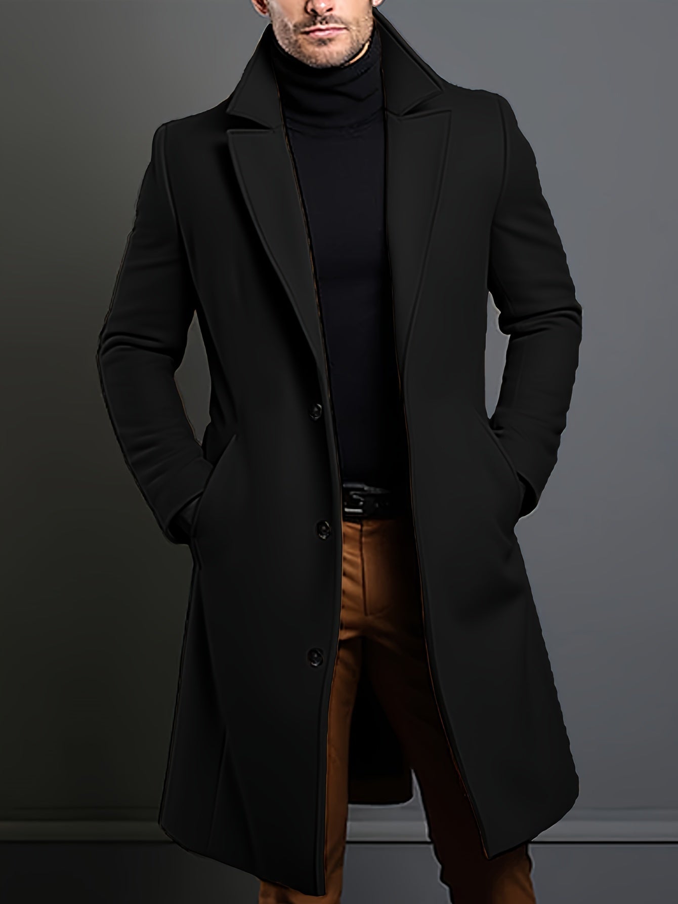 Men's Casual Wool Blend Long Sleeve Overcoat, Classic Solid Color, Tailored Fit, Notched Lapel, Button-Placket, Suitable For Daily Wear, Business, And Autumn/Winter Seasons