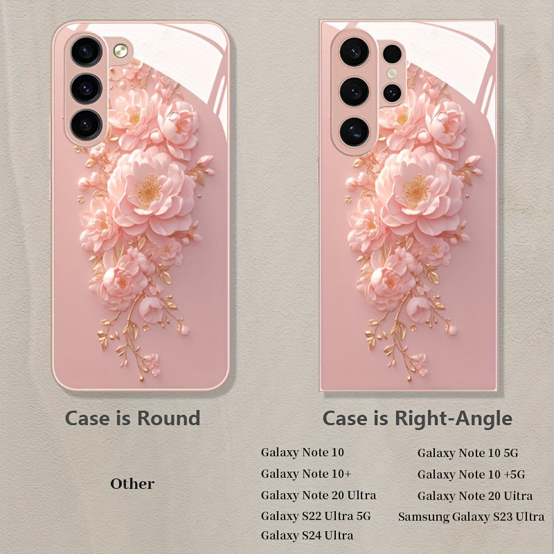 Pink Flower Glass Phone Case For SamSung For Galaxy Series - Compatible with s24/s24 plus/s24 ultra, s23/s23 plus/s23 ultra, s22/s22 plus/s22 ultra, s21/s21 plus/s21 ultra/s21 fe, s20/s20 plus/s20 ultra, A 03/a 04/a 13/a 14/a