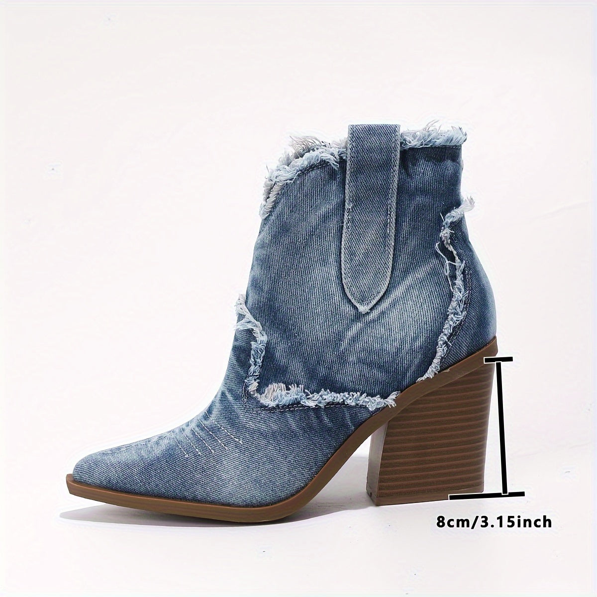 Women's Denim Chunky Heeled Cowboy Boots, Raw Trim Pointed Toe Side Zipper Western Boots, Retro Ankle Booties