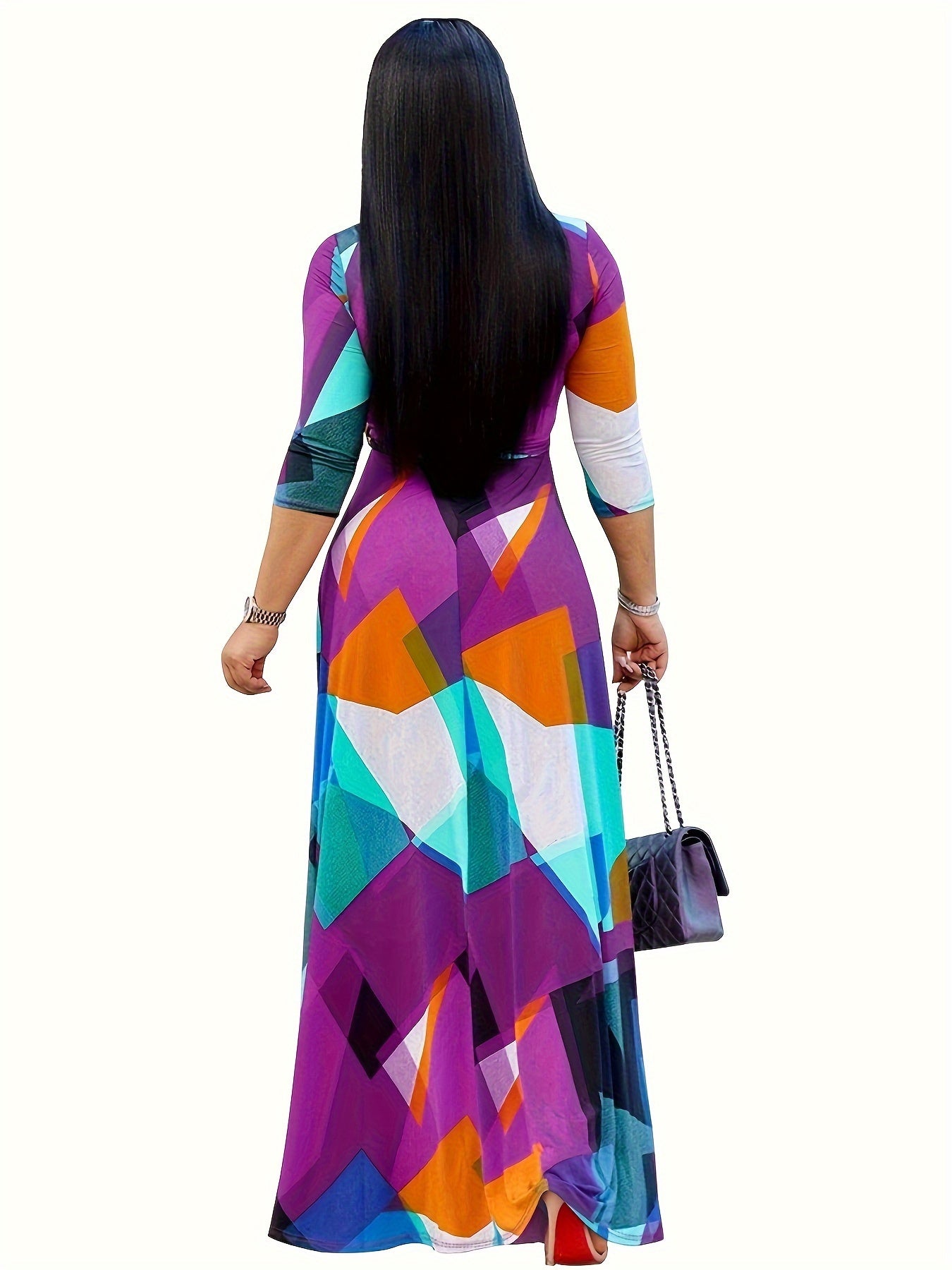 Geo Print High Waist Dress, Casual 3/4 Sleeve V Neck Maxi Dress, Women's Clothing