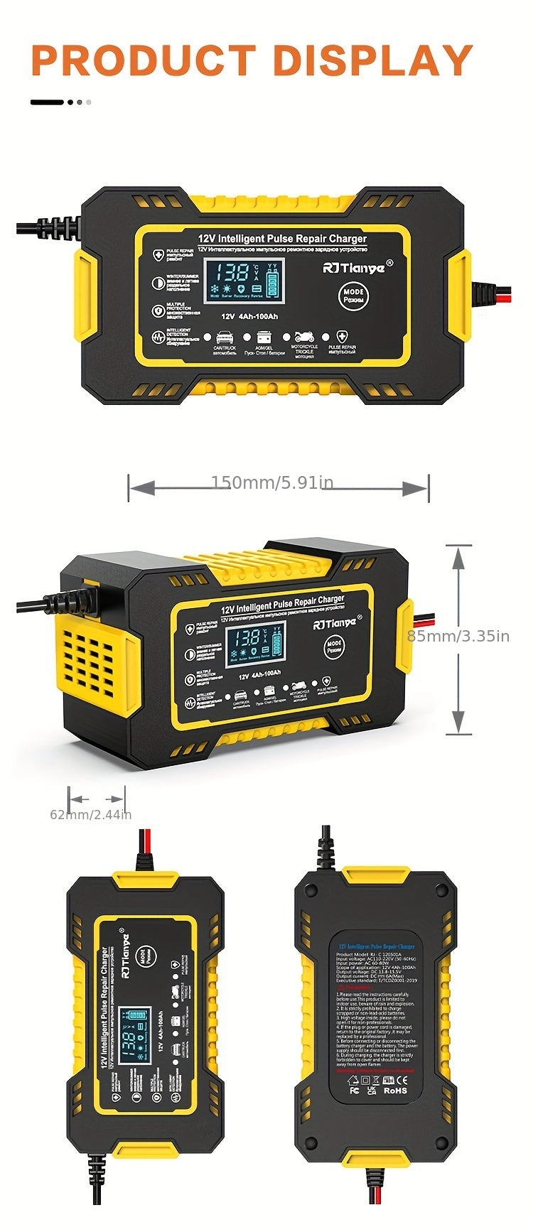 Car Battery Charger, 12V 2Ah-100Ah Smart Battery Trickle Charger Automotive Battery Maintainer Desulfator With Temperature Compensation