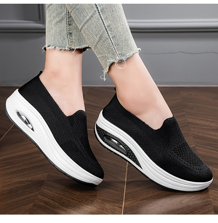 Women's Solid Color Casual Sneakers, Soft Sole Platform Air Cushion Walking Shoes, Low-top Breathable Shoes