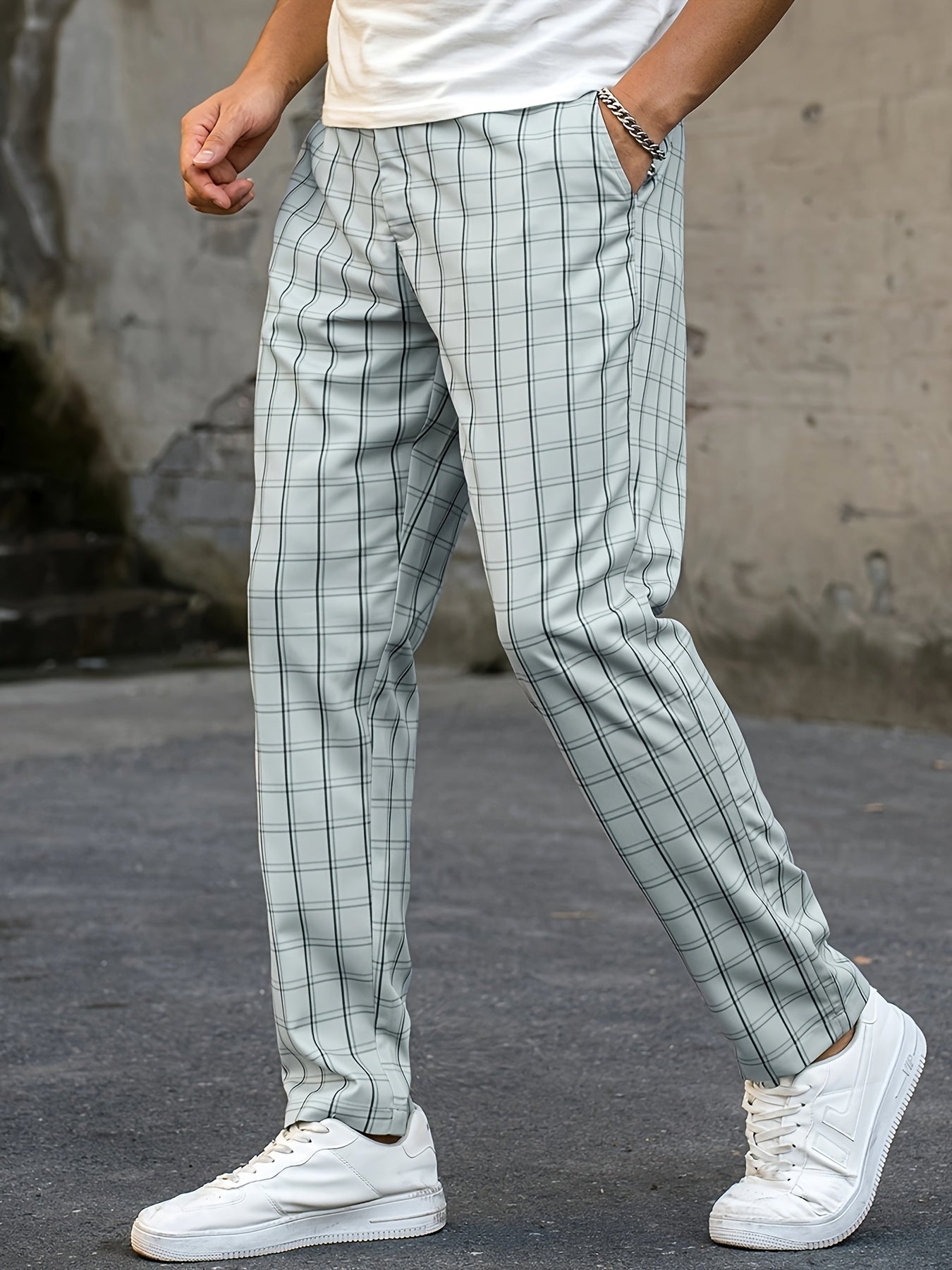 Men's Leisure Fashion Plaid Pattern Dress Pants, Regular Fit Straight Leg Cuffed Casual Bottoms For Business And Formal Party