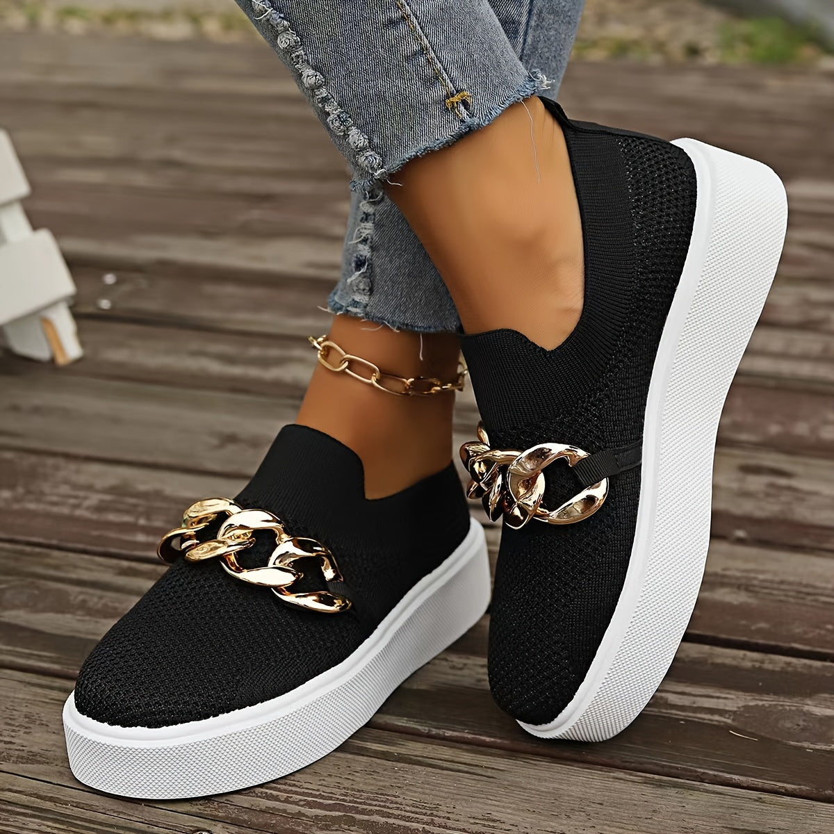 Women's Metallic Chain Sneakers, Slip On Platform Leopard Soft Sole Shoes, Breathable Daily & Sporty Wear