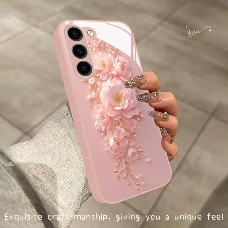 Pink Flower Glass Phone Case For SamSung For Galaxy Series - Compatible with s24/s24 plus/s24 ultra, s23/s23 plus/s23 ultra, s22/s22 plus/s22 ultra, s21/s21 plus/s21 ultra/s21 fe, s20/s20 plus/s20 ultra, A 03/a 04/a 13/a 14/a