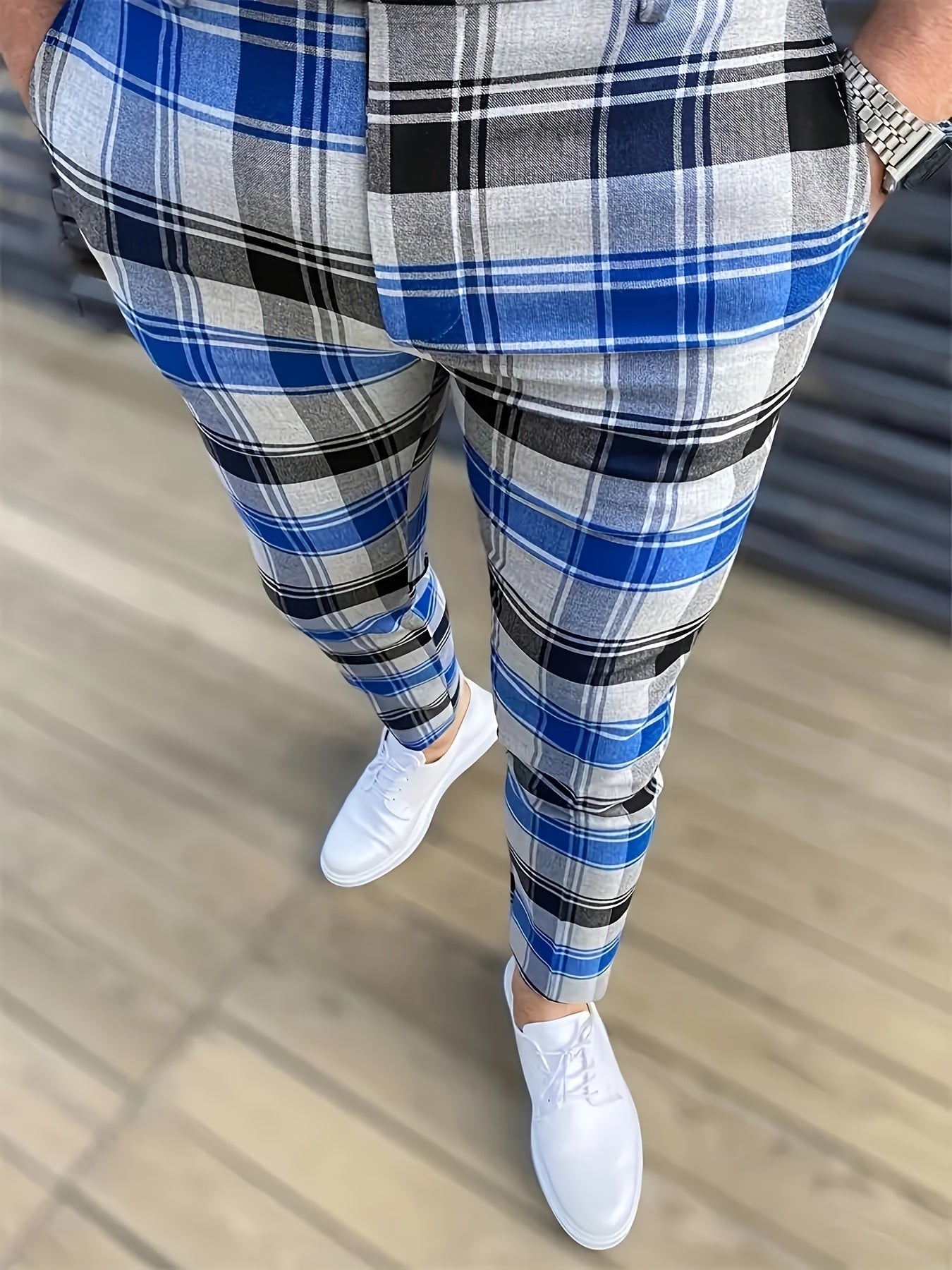 Men's Classic Fashion Plaid Slim Fit Trousers, Geometric Pattern, Regular Length, Stretch Polyester, Casual Style, with Pockets, Straight Leg, Slim Fit, for Business, Formal Parties, and Daily Wear