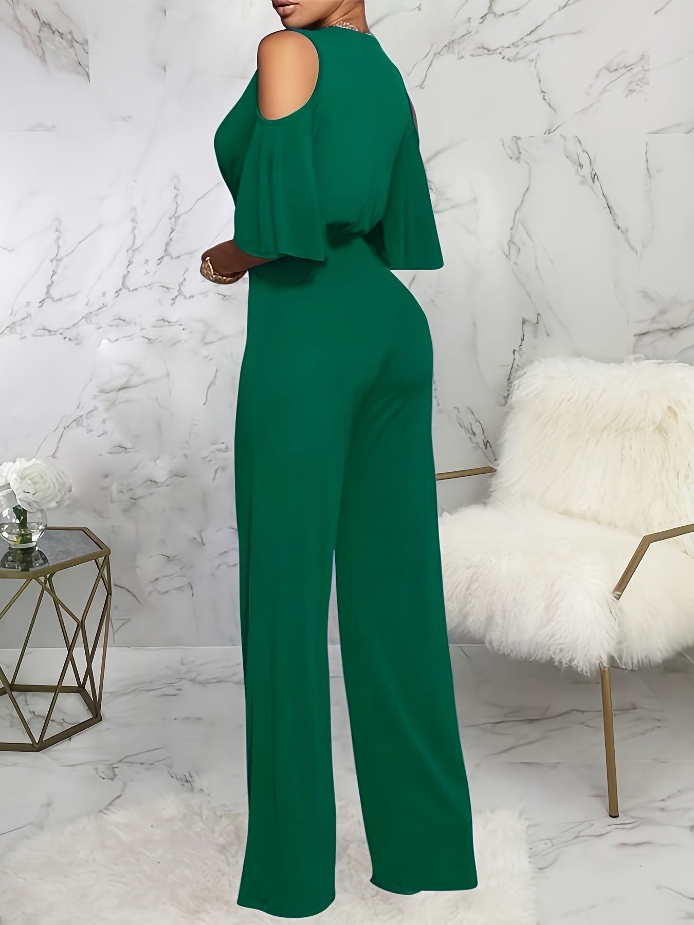 Solid Cold Shoulder V-neck Jumpsuit, Elegant Half Sleeve Jumpsuit For Spring & Summer, Women's Clothing