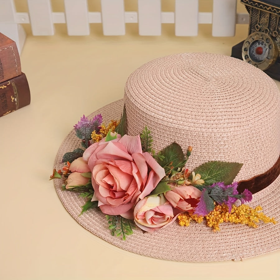 Handmade Flower Straw Hat Solid Color Elegant Beach Sunscreen Hat Small Top Hats Easter For Women